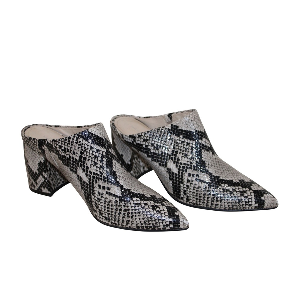 Marc Fisher Snakeskin Embossed Pointed Toe Block Heel Mules Women 8M Black White